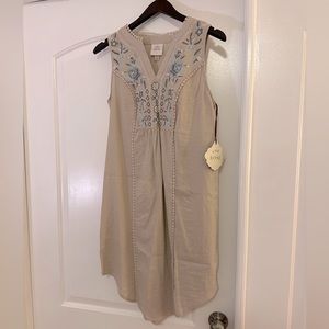 NWT Women’s Cream Linen Boho Sleeveless Dress with Blue Flowers Knox Rose Size S